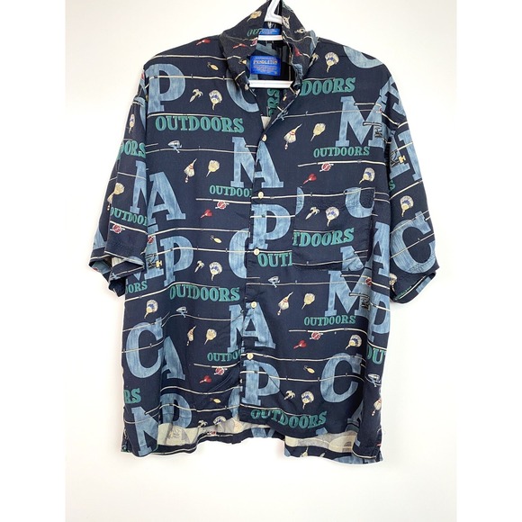 Pendleton Other - Pendleton Shirt Mens L Navy Camp Outdoors Fishing Lure Rayon Short Sleeve Button